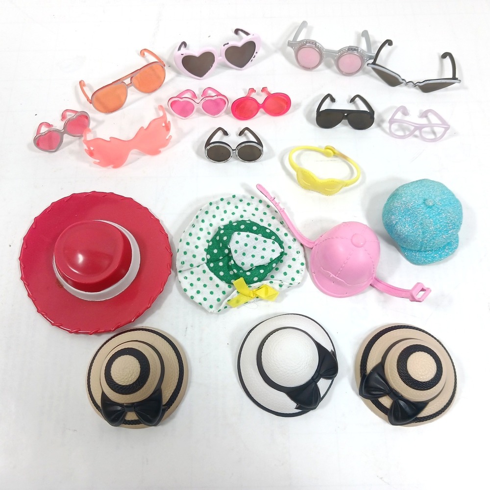 Mixed Lot Doll Accessories Hats Sunglasses Heart Frames Sun Hats 19pc
